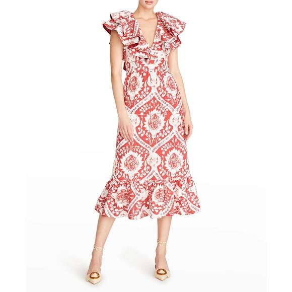 AMUR Zemirah Ruffle Sleeve Midi Dress in Red Ochre Large Italian Motif Size 6 - Picture 1 of 13